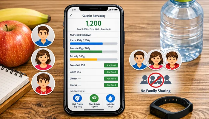 MyFitnessPal family plan guide showing fitness tracking app and family members