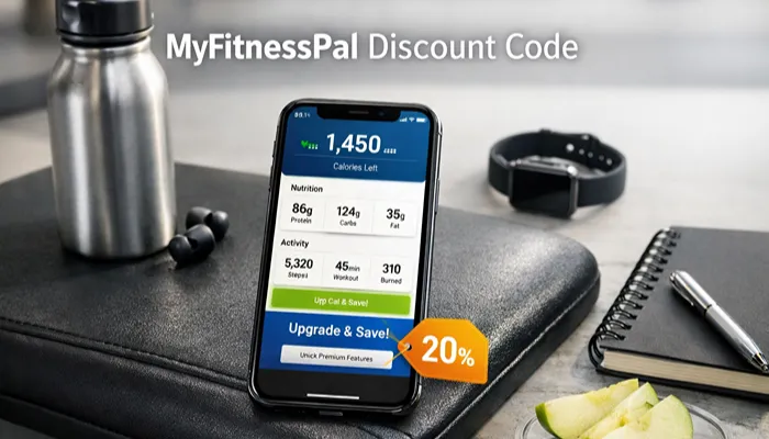 MyFitnessPal discount code concept showing fitness app premium upgrade on smartphone